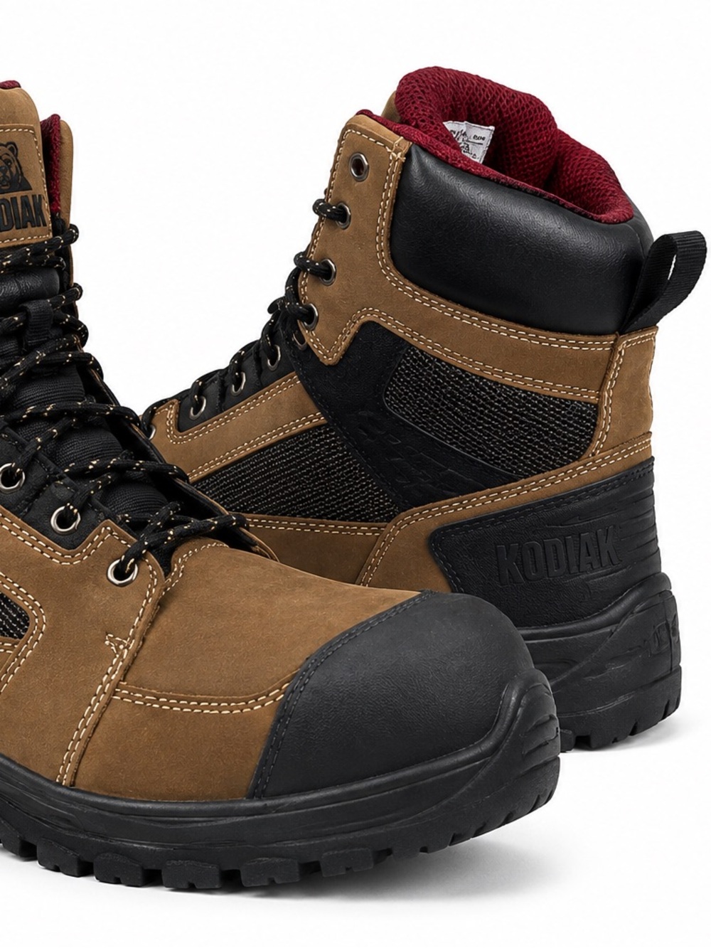 Kodiak Men’s Tan and Black Work Boots with Maroon Lining